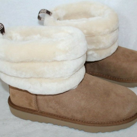 NIB UGG WOMEN'S MINI CUFF FLUFF‎ SUEDE SHEARLING BOOTS CHESTNUT BROWN - Picture 1 of 7